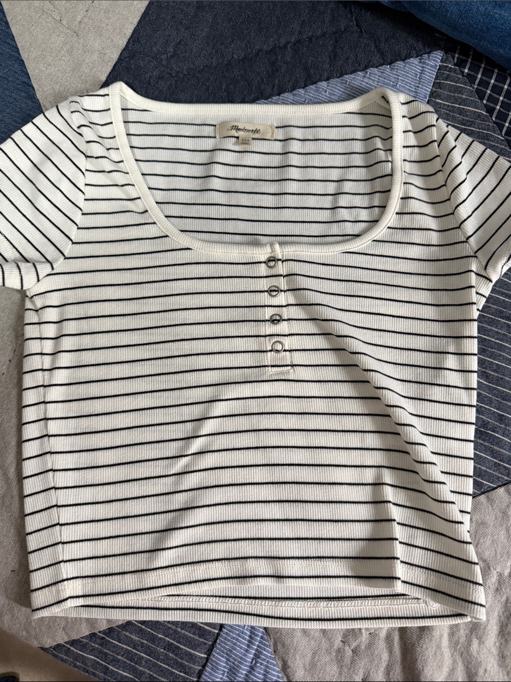 Madewell White and Black Striped Ribbed Crop Top